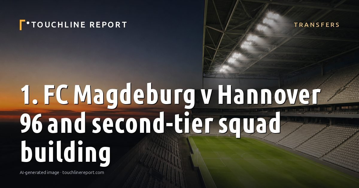 Illustration for the Transfers article “1. FC Magdeburg v Hannover 96 and second-tier squad building”: an AI-generated editorial illustration showing an empty training ground at dawn with cones and markers laid out, with the headline set over it. Illustrative only, not a photograph of a real event.