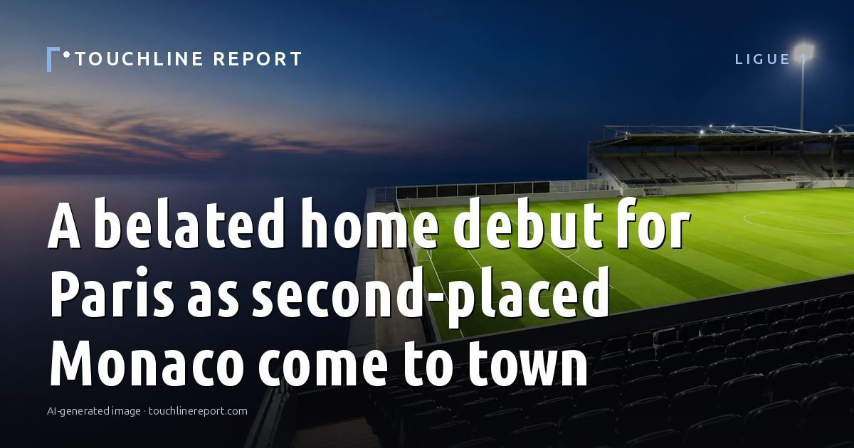 Illustration for the Ligue 1 article “A belated home debut for Paris as second-placed Monaco come to town”: an AI-generated editorial illustration showing a scene illustrating the subject of the article, with the headline set over it. Illustrative only, not a photograph of a real event.