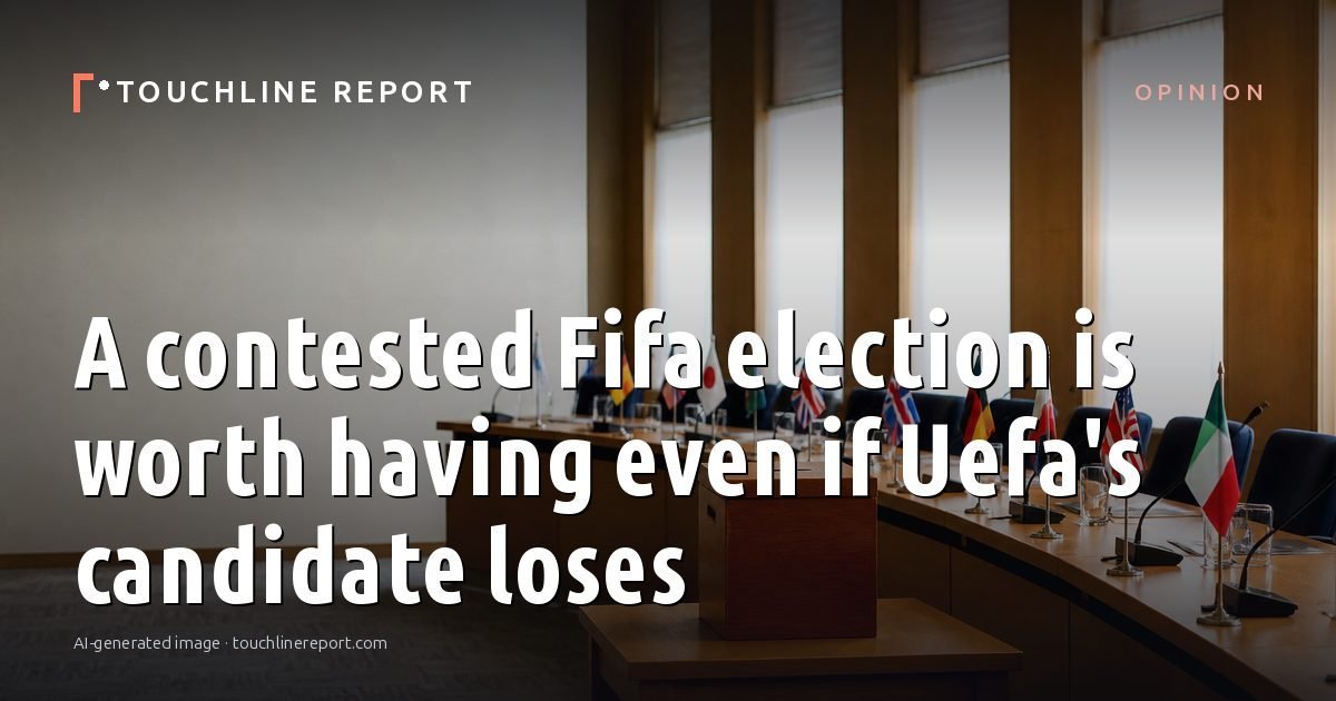 Illustration for the Opinion article “A contested Fifa election is worth having even if Uefa's candidate loses”: an AI-generated editorial illustration showing an empty training ground at dawn with cones and markers laid out, with the headline set over it. Illustrative only, not a photograph of a real event.