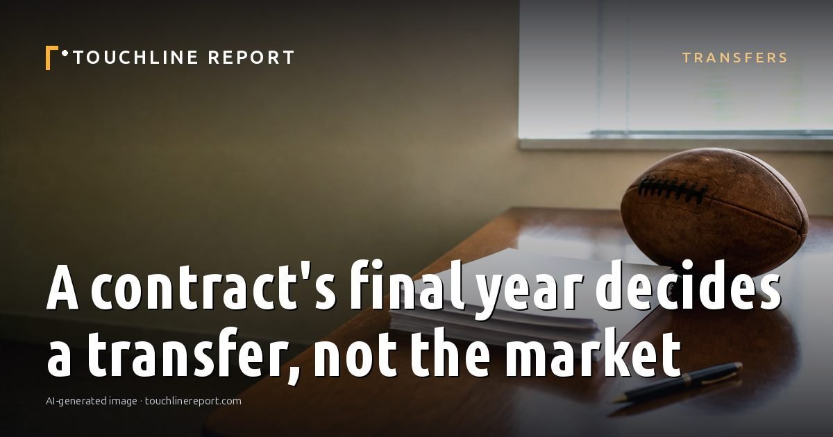 Illustration for the Transfers article “A contract's final year decides a transfer, not the market”: an AI-generated editorial illustration showing a scene illustrating the subject of the article, with the headline set over it. Illustrative only, not a photograph of a real event.