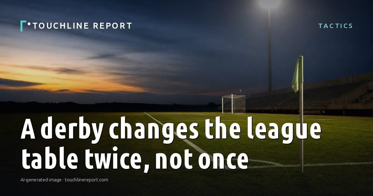 Illustration for the Tactics article “A derby changes the league table twice, not once”: an AI-generated editorial illustration showing a scene illustrating the subject of the article, with the headline set over it. Illustrative only, not a photograph of a real event.
