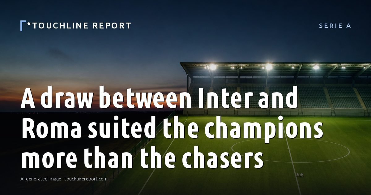 Illustration for the Serie A article “A draw between Inter and Roma suited the champions more than the chasers”: an AI-generated editorial illustration showing an empty training ground at dawn with cones and markers laid out, with the headline set over it. Illustrative only, not a photograph of a real event.