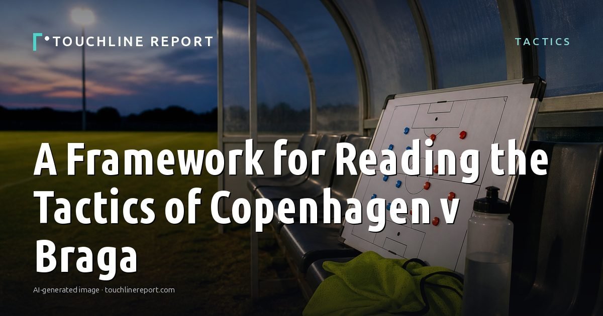 Illustration for the Tactics article “A Framework for Reading the Tactics of Copenhagen v Braga”: an AI-generated editorial illustration showing a scene illustrating the subject of the article, with the headline set over it. Illustrative only, not a photograph of a real event.