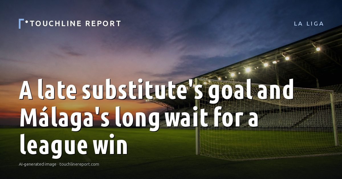 Illustration for the La Liga article “A late substitute's goal and Málaga's long wait for a league win”: an AI-generated editorial illustration showing a scene illustrating the subject of the article, with the headline set over it. Illustrative only, not a photograph of a real event.