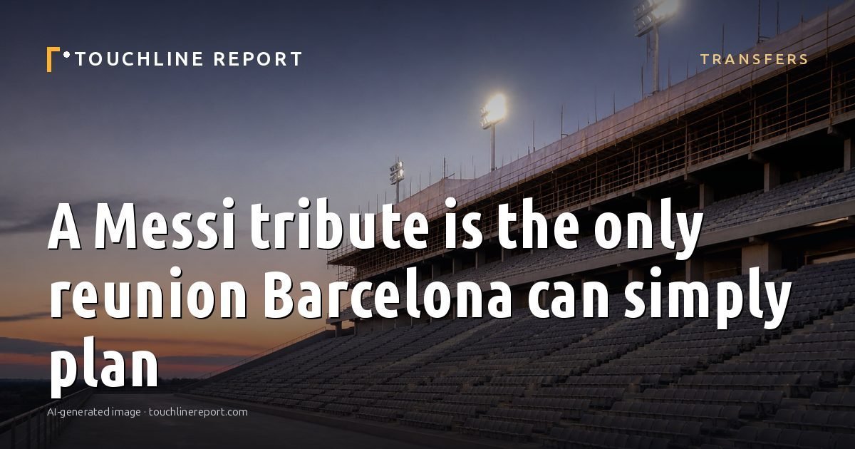Illustration for the Transfers article “A Messi tribute is the only reunion Barcelona can simply plan”: an AI-generated editorial illustration showing a scene illustrating the subject of the article, with the headline set over it. Illustrative only, not a photograph of a real event.