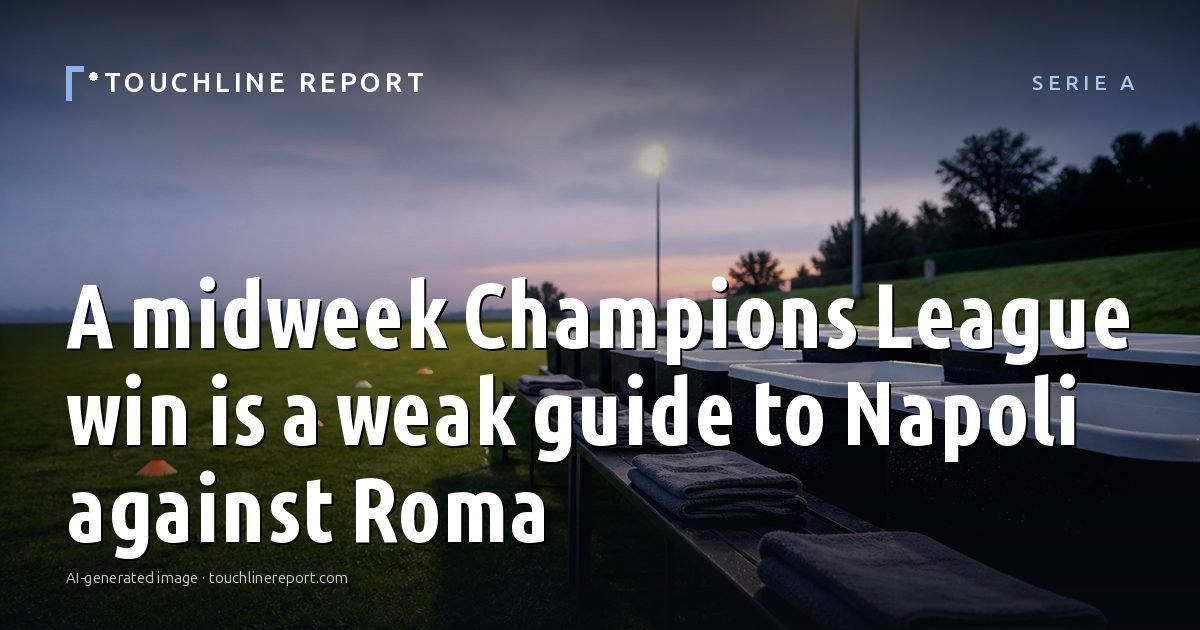 Illustration for the Serie A article “A midweek Champions League win is a weak guide to Napoli against Roma”: an AI-generated editorial illustration showing a scene illustrating the subject of the article, with the headline set over it. Illustrative only, not a photograph of a real event.