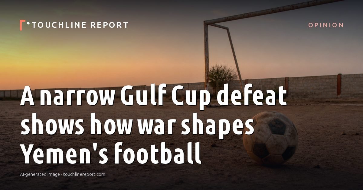 Illustration for the Opinion article “A narrow Gulf Cup defeat shows how war shapes Yemen's football”: an AI-generated editorial illustration showing an empty training ground at dawn with cones and markers laid out, with the headline set over it. Illustrative only, not a photograph of a real event.