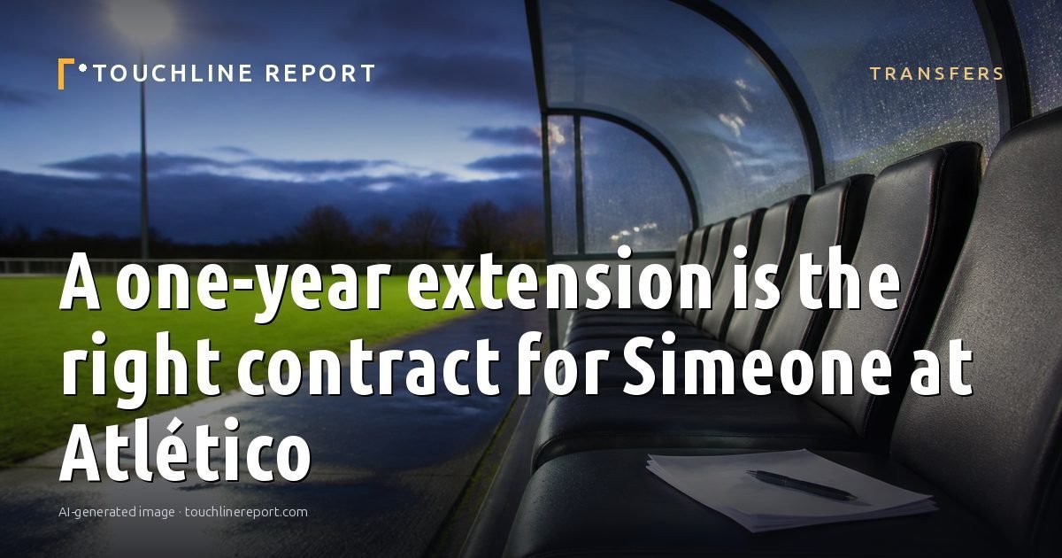Illustration for the Transfers article “A one-year extension is the right contract for Simeone at Atlético”: an AI-generated editorial illustration showing a scene illustrating the subject of the article, with the headline set over it. Illustrative only, not a photograph of a real event.