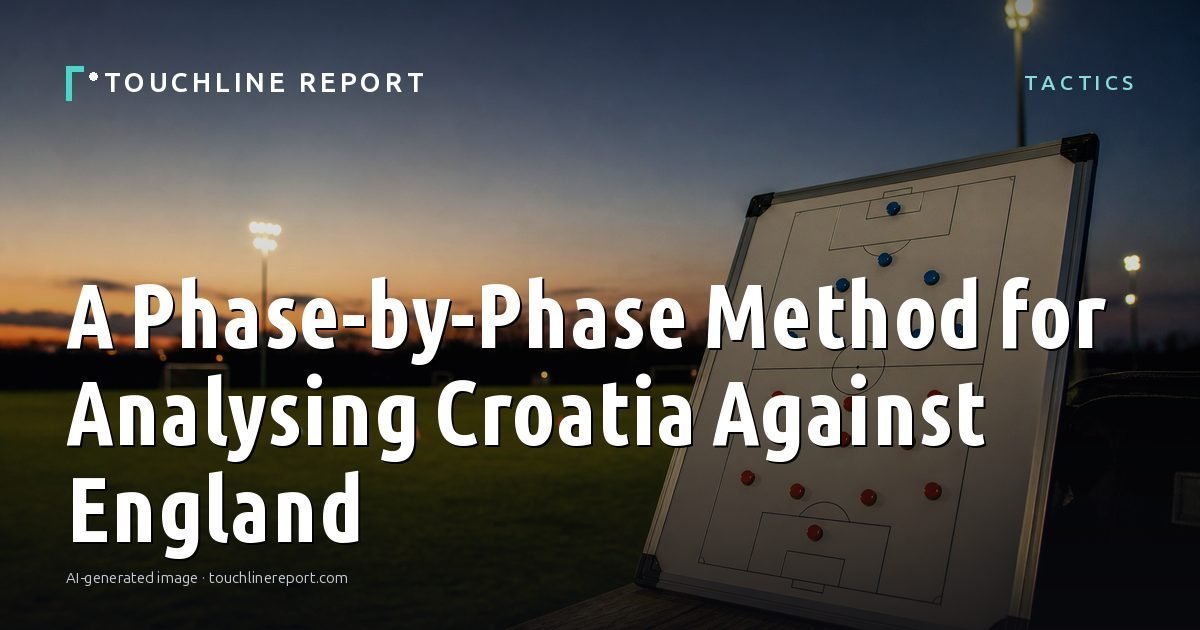 Illustration for the Tactics article “A Phase-by-Phase Method for Analysing Croatia Against England”: an AI-generated editorial illustration showing an empty training ground at dawn with cones and markers laid out, with the headline set over it. Illustrative only, not a photograph of a real event.