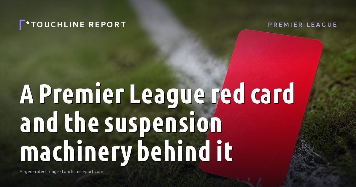 Illustration for the Premier League article “A Premier League red card and the suspension machinery behind it”: an AI-generated editorial illustration showing an empty training ground at dawn with cones and markers laid out, with the headline set over it. Illustrative only, not a photograph of a real event.