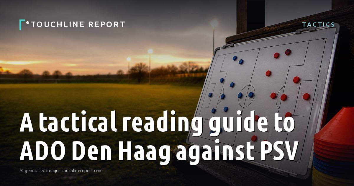 Illustration for the Tactics article “A tactical reading guide to ADO Den Haag against PSV”: an AI-generated editorial illustration showing an empty training ground at dawn with cones and markers laid out, with the headline set over it. Illustrative only, not a photograph of a real event.
