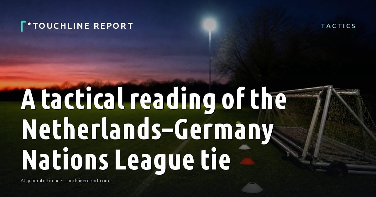 Illustration for the Tactics article “A tactical reading of the Netherlands–Germany Nations League tie”: an AI-generated editorial illustration showing an empty training ground at dawn with cones and markers laid out, with the headline set over it. Illustrative only, not a photograph of a real event.