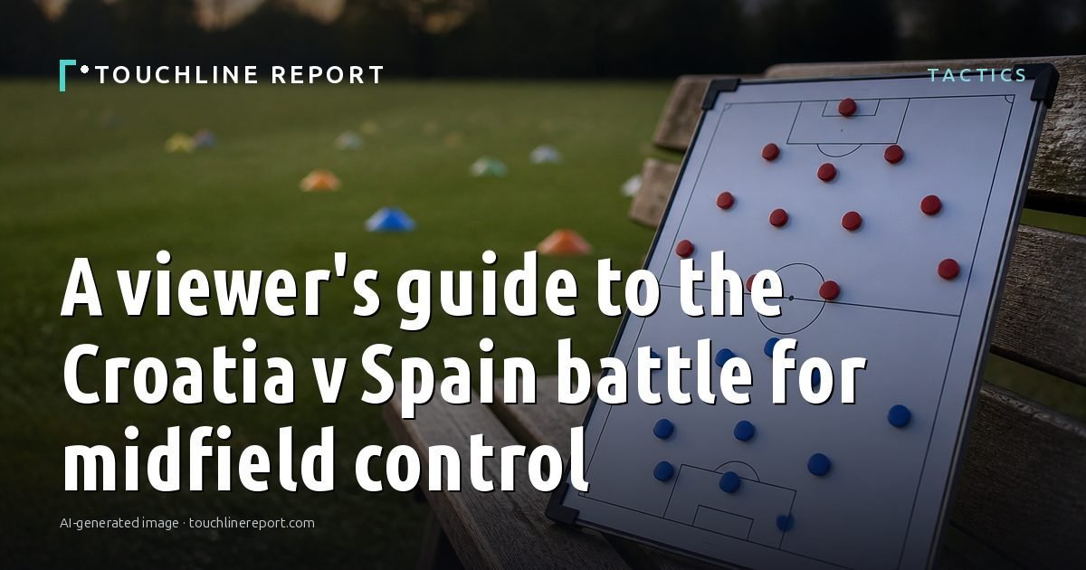 Illustration for the Tactics article “A viewer's guide to the Croatia v Spain battle for midfield control”: an AI-generated editorial illustration showing an empty training ground at dawn with cones and markers laid out, with the headline set over it. Illustrative only, not a photograph of a real event.