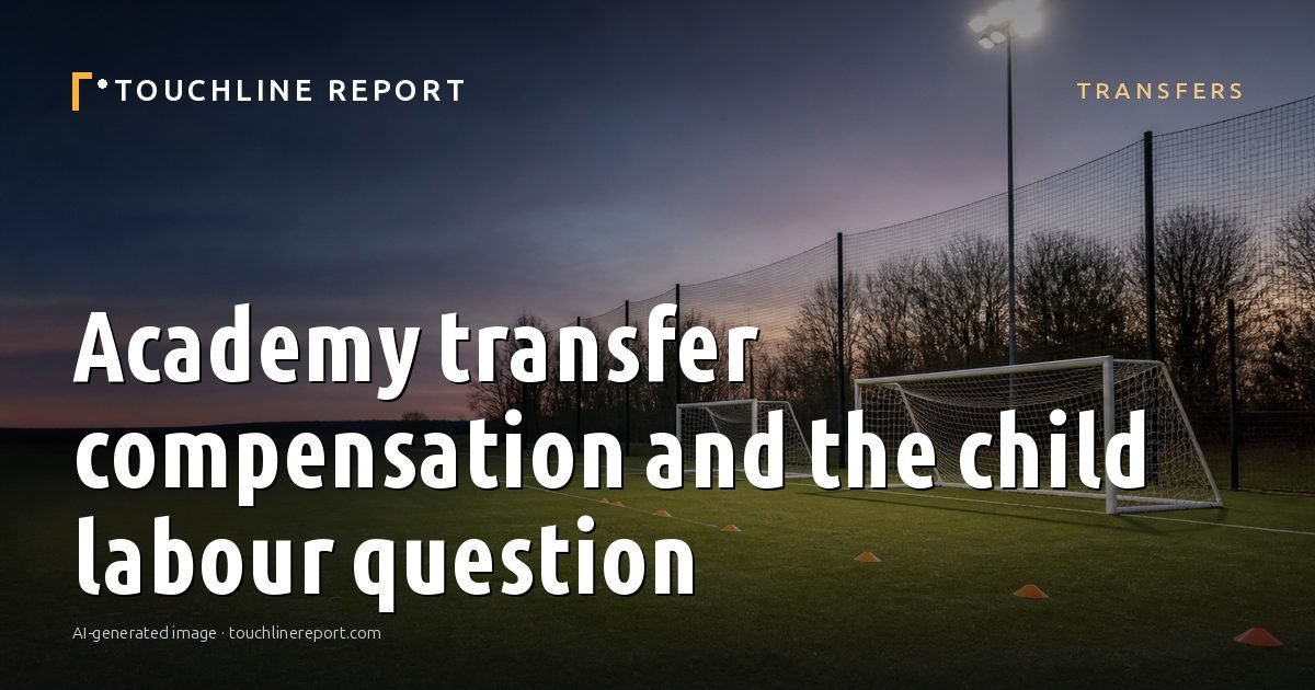 Illustration for the Transfers article “Academy transfer compensation and the child labour question”: an AI-generated editorial illustration showing an empty training ground at dawn with cones and markers laid out, with the headline set over it. Illustrative only, not a photograph of a real event.