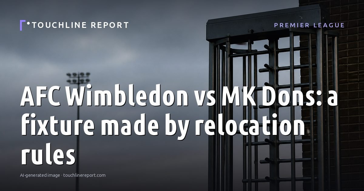 Illustration for the Premier League article “AFC Wimbledon vs MK Dons: a fixture made by relocation rules”: an AI-generated editorial illustration showing an empty training ground at dawn with cones and markers laid out, with the headline set over it. Illustrative only, not a photograph of a real event.