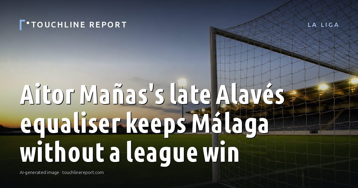 Illustration for the La Liga article “Aitor Mañas's late Alavés equaliser keeps Málaga without a league win”: an AI-generated editorial illustration showing a scene illustrating the subject of the article, with the headline set over it. Illustrative only, not a photograph of a real event.