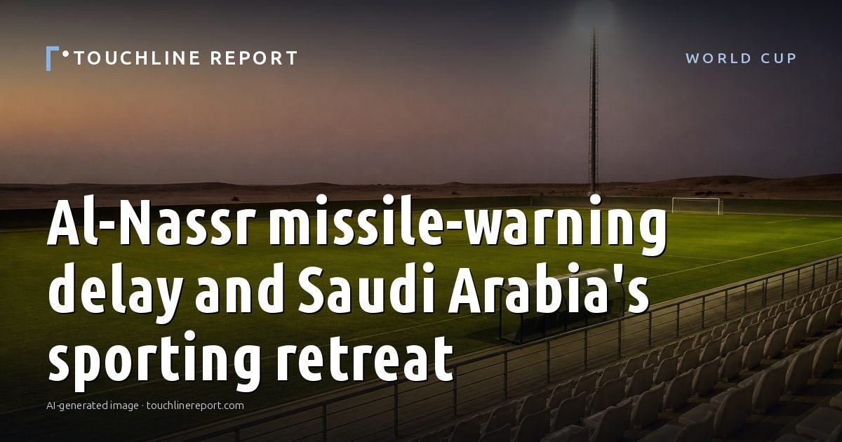 Illustration for the World Cup article “Al-Nassr missile-warning delay and Saudi Arabia's sporting retreat”: an AI-generated editorial illustration showing a scene illustrating the subject of the article, with the headline set over it. Illustrative only, not a photograph of a real event.