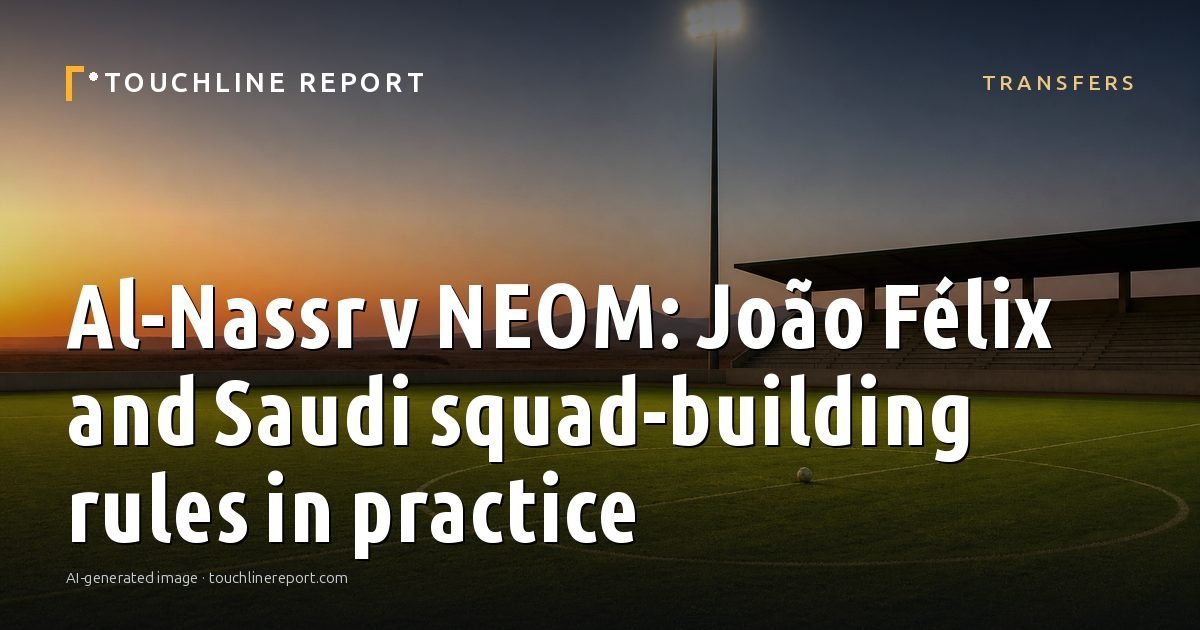 Illustration for the Transfers article “Al-Nassr v NEOM: João Félix and Saudi squad-building rules in practice”: an AI-generated editorial illustration showing a scene illustrating the subject of the article, with the headline set over it. Illustrative only, not a photograph of a real event.