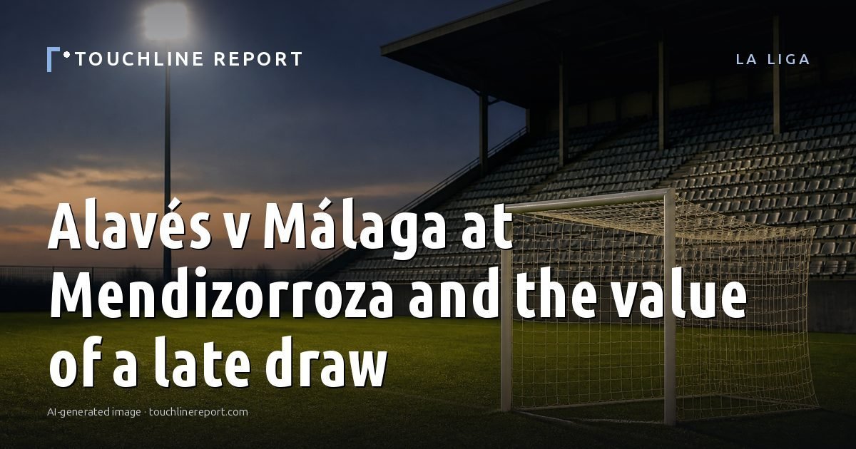 Illustration for the La Liga article “Alavés v Málaga at Mendizorroza and the value of a late draw”: an AI-generated editorial illustration showing a scene illustrating the subject of the article, with the headline set over it. Illustrative only, not a photograph of a real event.