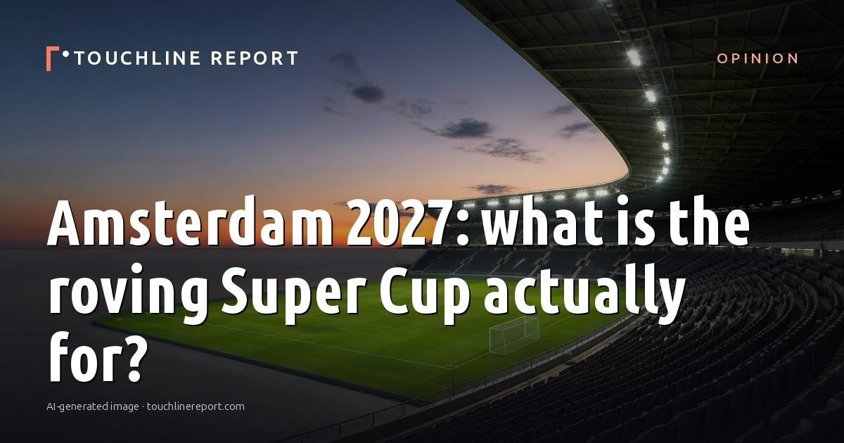 Illustration for the Opinion article “Amsterdam 2027: what is the roving Super Cup actually for?”: an AI-generated editorial illustration showing an empty training ground at dawn with cones and markers laid out, with the headline set over it. Illustrative only, not a photograph of a real event.