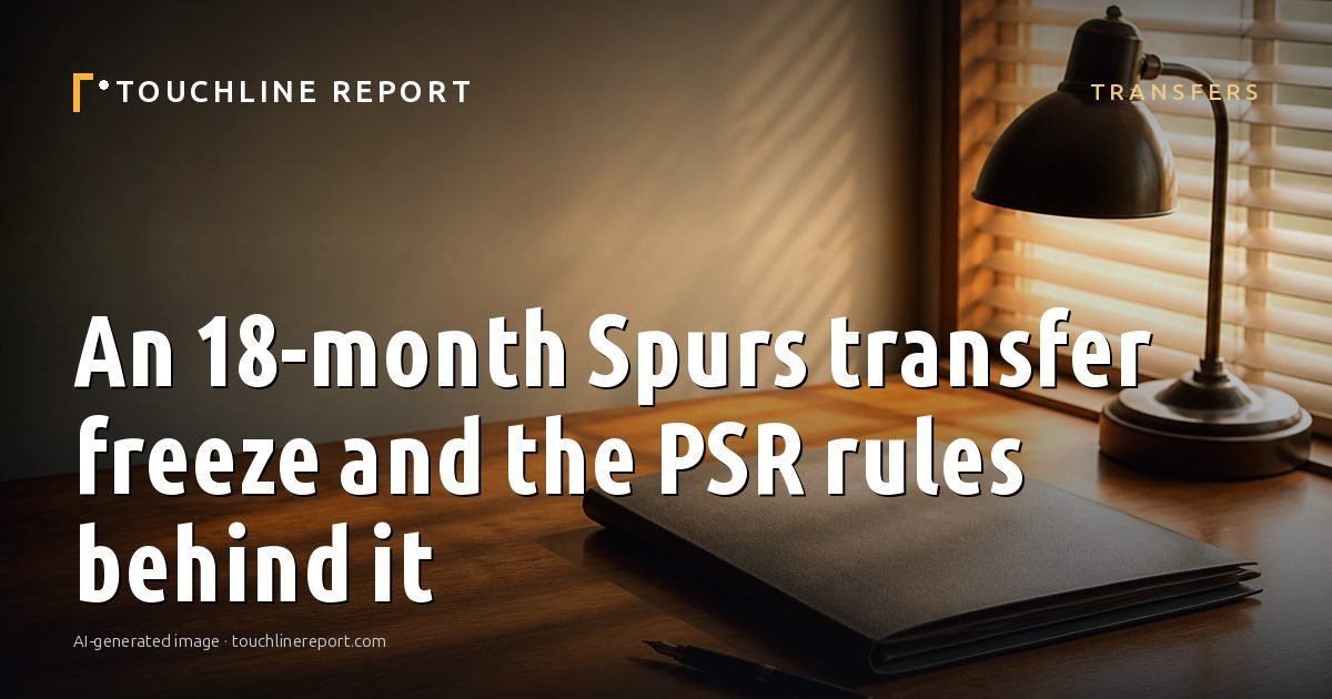 Illustration for the Transfers article “An 18-month Spurs transfer freeze and the PSR rules behind it”: an AI-generated editorial illustration showing a scene illustrating the subject of the article, with the headline set over it. Illustrative only, not a photograph of a real event.