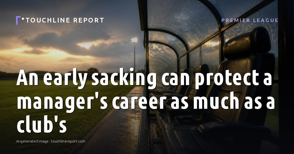 Illustration for the Premier League article “An early sacking can protect a manager's career as much as a club's”: an AI-generated editorial illustration showing a scene illustrating the subject of the article, with the headline set over it. Illustrative only, not a photograph of a real event.