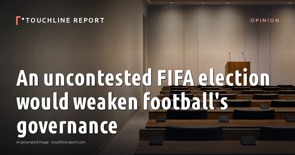 Illustration for the Opinion article “An uncontested FIFA election would weaken football's governance”: an AI-generated editorial illustration showing an empty training ground at dawn with cones and markers laid out, with the headline set over it. Illustrative only, not a photograph of a real event.
