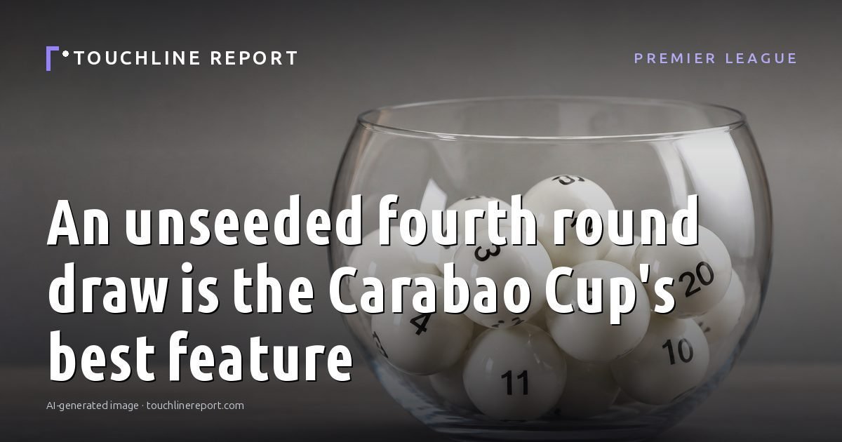 Illustration for the Premier League article “An unseeded fourth round draw is the Carabao Cup's best feature”: an AI-generated editorial illustration showing an empty training ground at dawn with cones and markers laid out, with the headline set over it. Illustrative only, not a photograph of a real event.