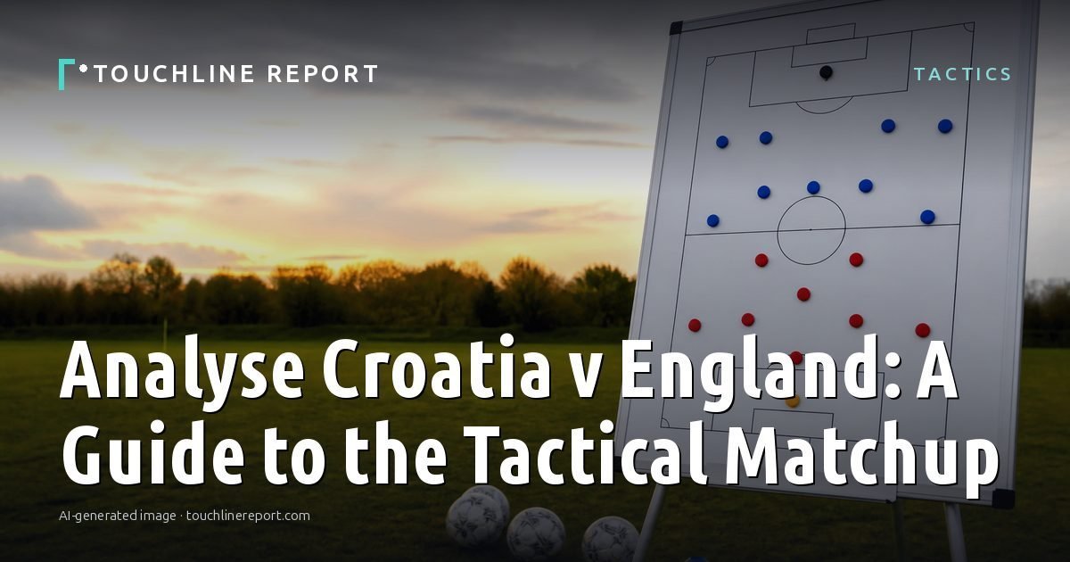 Illustration for the Tactics article “Analyse Croatia v England: A Guide to the Tactical Matchup”: an AI-generated editorial illustration showing an empty training ground at dawn with cones and markers laid out, with the headline set over it. Illustrative only, not a photograph of a real event.