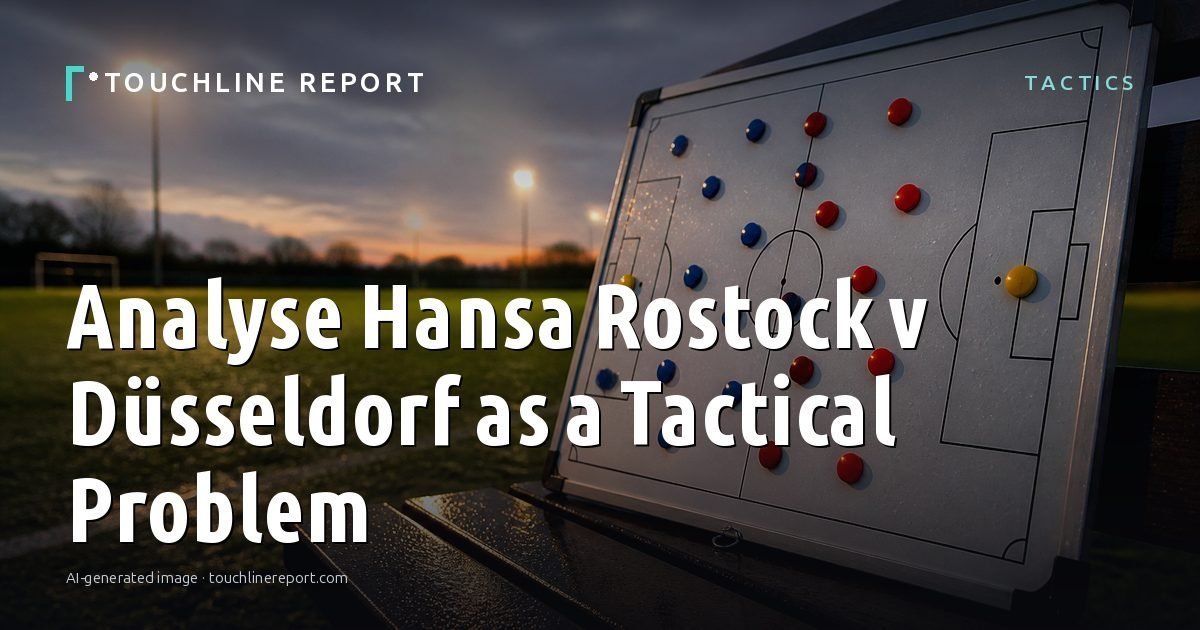 Illustration for the Tactics article “Analyse Hansa Rostock v Düsseldorf as a Tactical Problem”: an AI-generated editorial illustration showing an empty training ground at dawn with cones and markers laid out, with the headline set over it. Illustrative only, not a photograph of a real event.