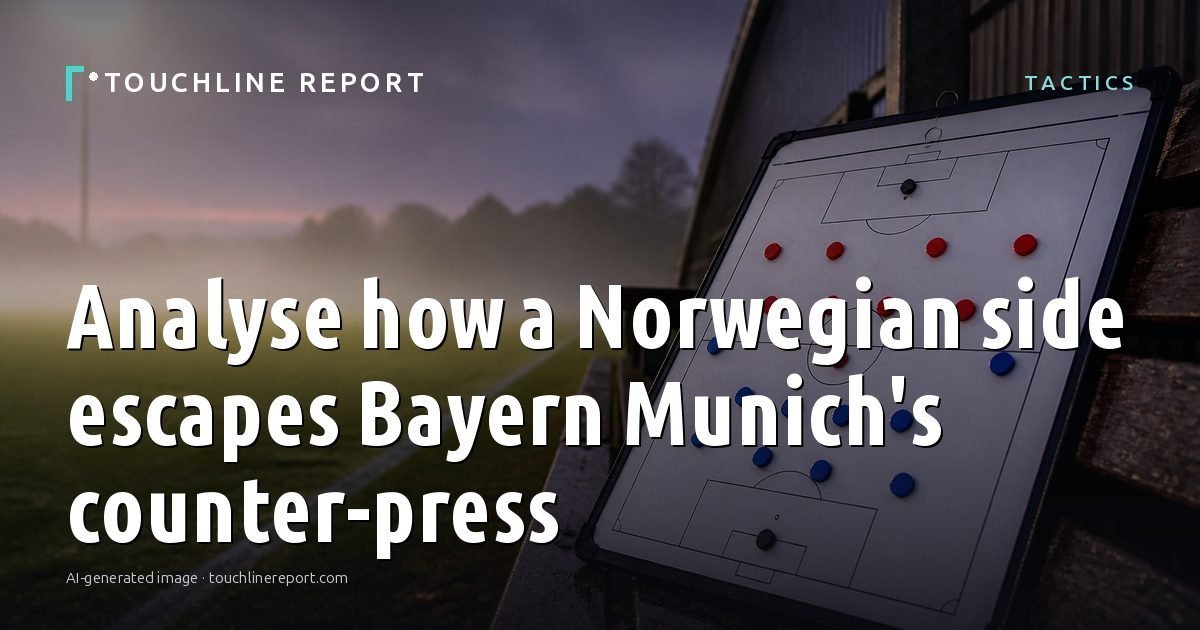 Illustration for the Tactics article “Analyse how a Norwegian side escapes Bayern Munich's counter-press”: an AI-generated editorial illustration showing an empty training ground at dawn with cones and markers laid out, with the headline set over it. Illustrative only, not a photograph of a real event.