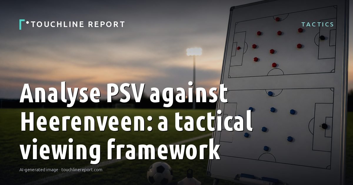 Illustration for the Tactics article “Analyse PSV against Heerenveen: a tactical viewing framework”: an AI-generated editorial illustration showing an empty training ground at dawn with cones and markers laid out, with the headline set over it. Illustrative only, not a photograph of a real event.
