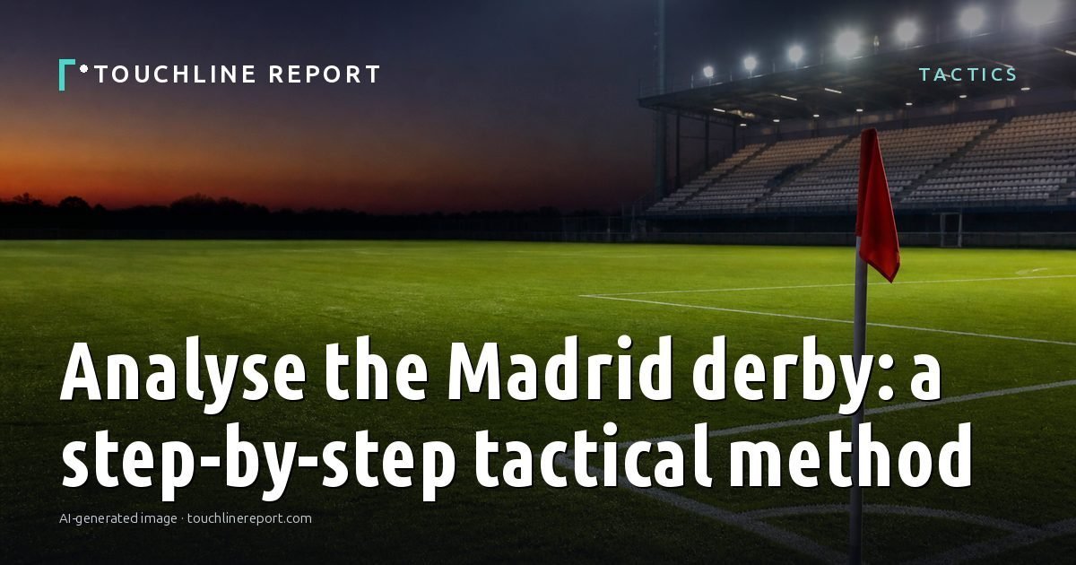 Illustration for the Tactics article “Analyse the Madrid derby: a step-by-step tactical method”: an AI-generated editorial illustration showing a scene illustrating the subject of the article, with the headline set over it. Illustrative only, not a photograph of a real event.