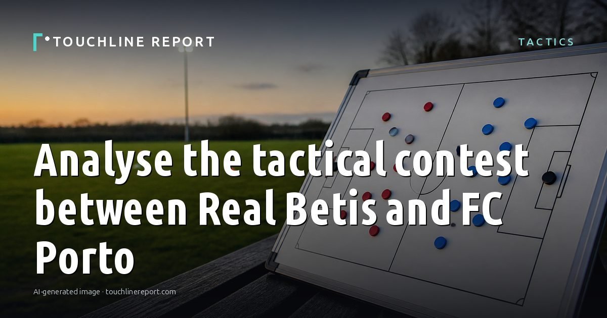 Illustration for the Tactics article “Analyse the tactical contest between Real Betis and FC Porto”: an AI-generated editorial illustration showing an empty training ground at dawn with cones and markers laid out, with the headline set over it. Illustrative only, not a photograph of a real event.