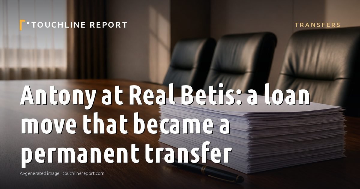 Illustration for the Transfers article “Antony at Real Betis: a loan move that became a permanent transfer”: an AI-generated editorial illustration showing a scene illustrating the subject of the article, with the headline set over it. Illustrative only, not a photograph of a real event.