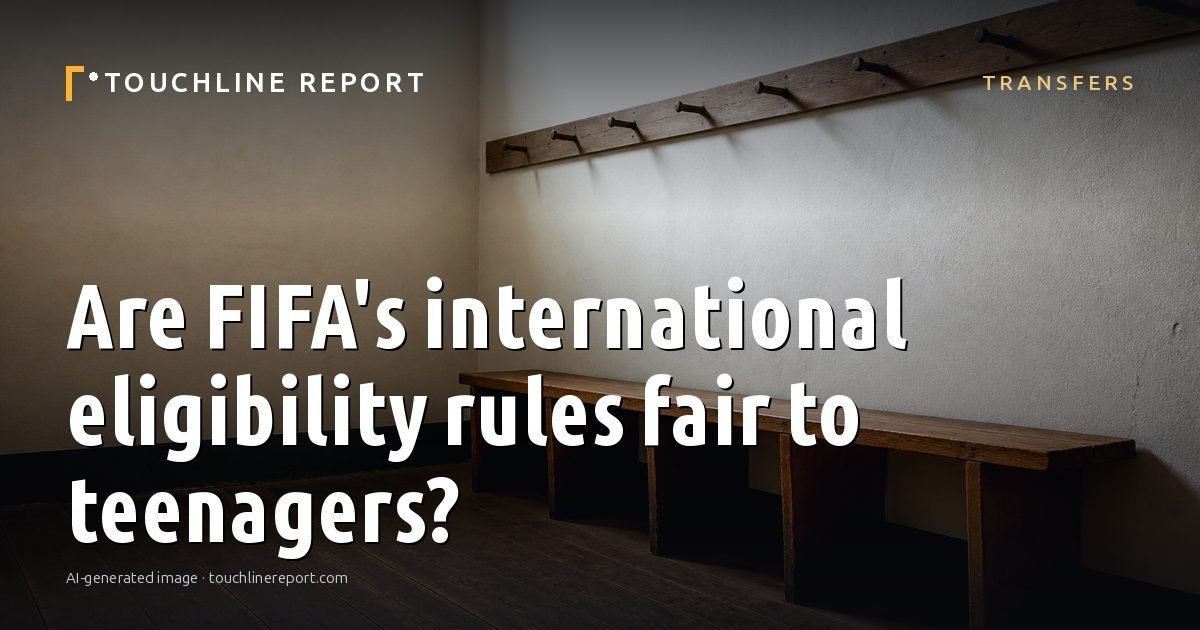 Illustration for the Transfers article “Are FIFA's international eligibility rules fair to teenagers?”: an AI-generated editorial illustration showing a scene illustrating the subject of the article, with the headline set over it. Illustrative only, not a photograph of a real event.