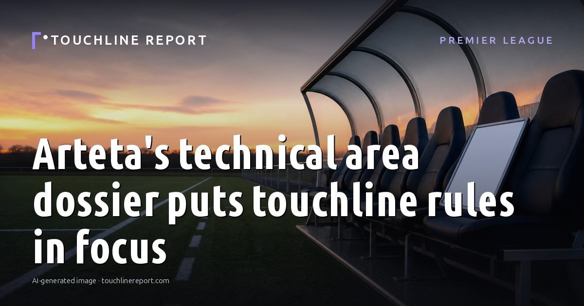 Illustration for the Premier League article “Arteta's technical area dossier puts touchline rules in focus”: an AI-generated editorial illustration showing a scene illustrating the subject of the article, with the headline set over it. Illustrative only, not a photograph of a real event.