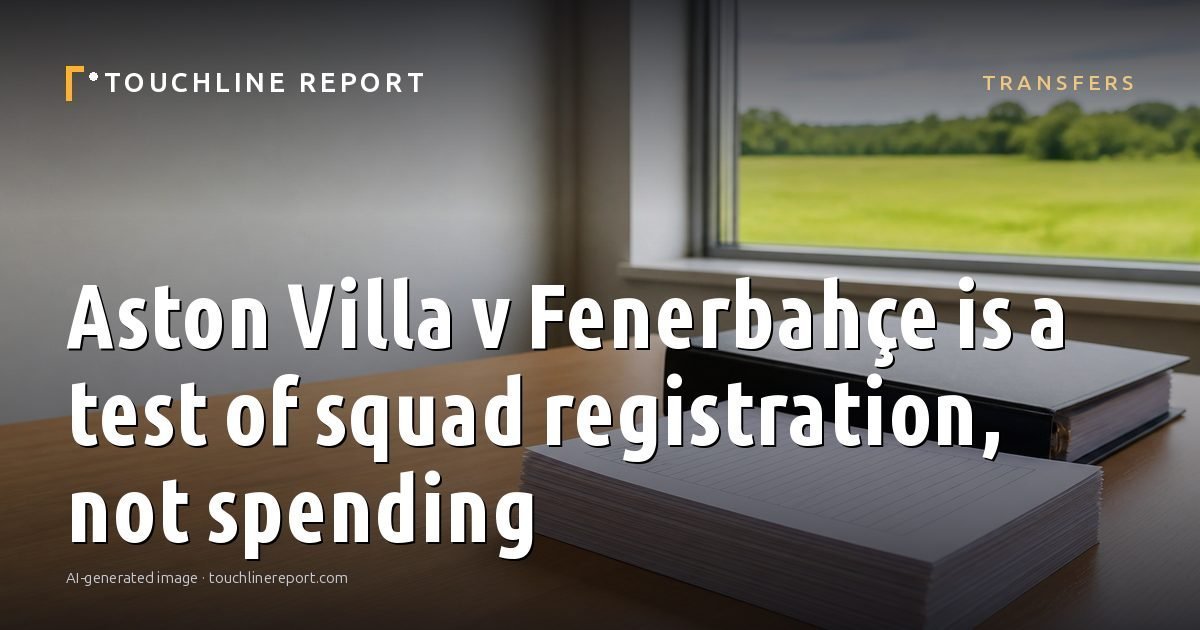 Illustration for the Transfers article “Aston Villa v Fenerbahçe is a test of squad registration, not spending”: an AI-generated editorial illustration showing a scene illustrating the subject of the article, with the headline set over it. Illustrative only, not a photograph of a real event.