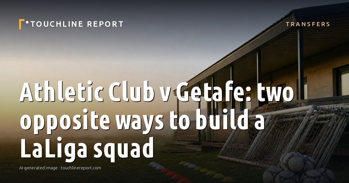 Illustration for the Transfers article “Athletic Club v Getafe: two opposite ways to build a LaLiga squad”: an AI-generated editorial illustration showing a scene illustrating the subject of the article, with the headline set over it. Illustrative only, not a photograph of a real event.