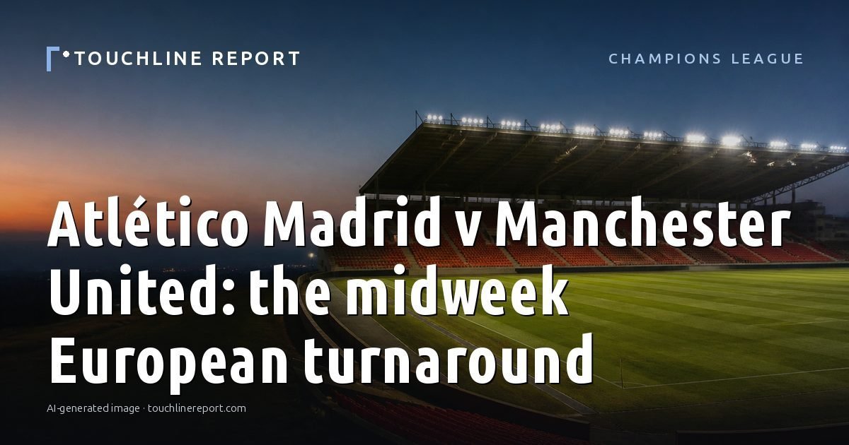 Illustration for the Champions League article “Atlético Madrid v Manchester United: the midweek European turnaround”: an AI-generated editorial illustration showing a scene illustrating the subject of the article, with the headline set over it. Illustrative only, not a photograph of a real event.