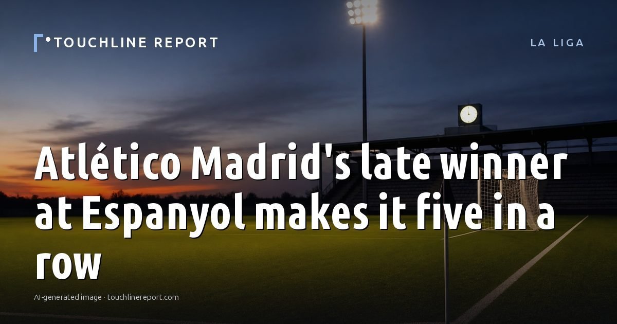 Illustration for the La Liga article “Atlético Madrid's late winner at Espanyol makes it five in a row”: an AI-generated editorial illustration showing a scene illustrating the subject of the article, with the headline set over it. Illustrative only, not a photograph of a real event.