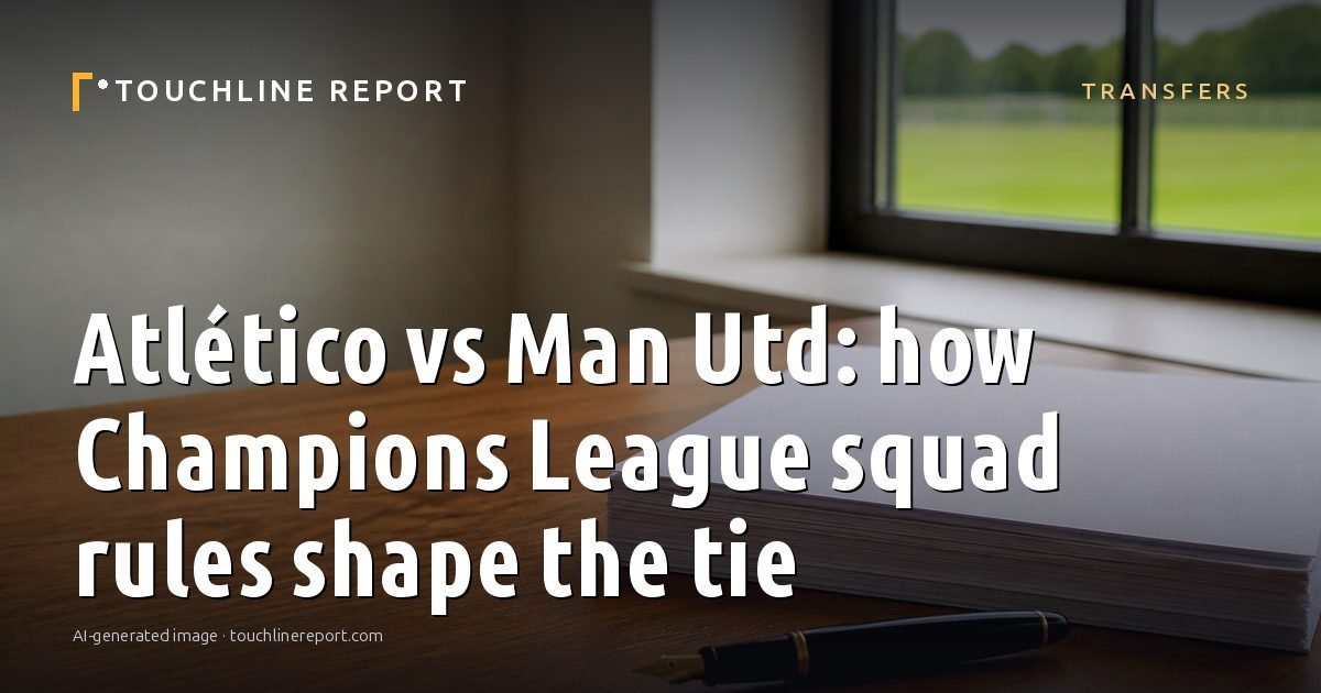 Illustration for the Transfers article “Atlético vs Man Utd: how Champions League squad rules shape the tie”: an AI-generated editorial illustration showing a scene illustrating the subject of the article, with the headline set over it. Illustrative only, not a photograph of a real event.