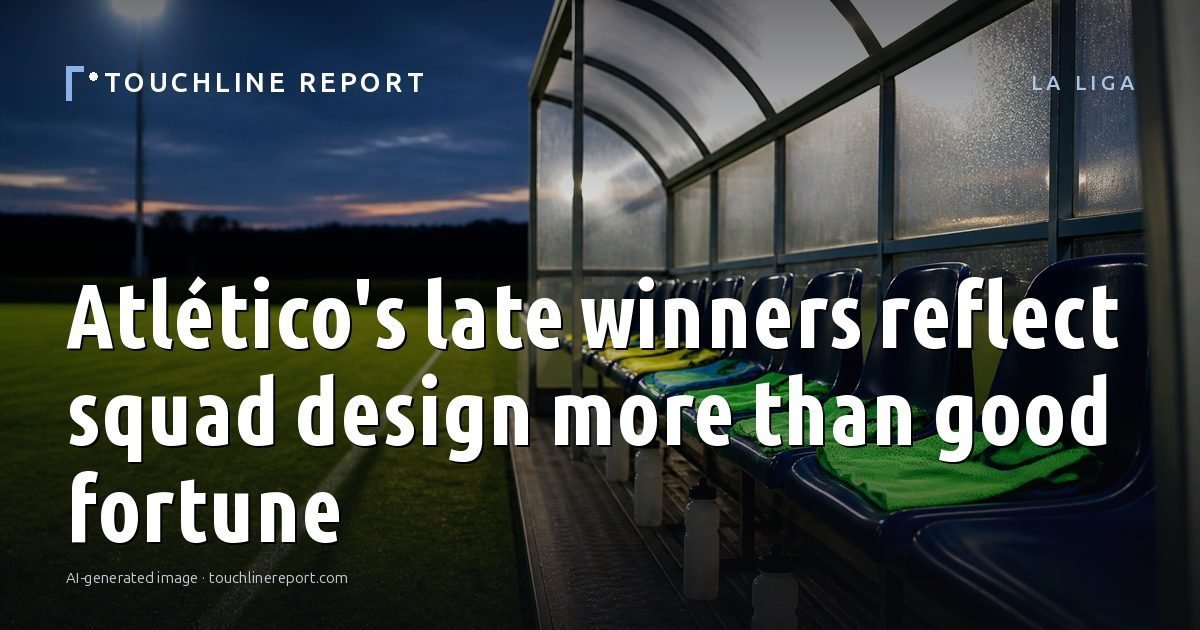 Illustration for the La Liga article “Atlético's late winners reflect squad design more than good fortune”: an AI-generated editorial illustration showing a scene illustrating the subject of the article, with the headline set over it. Illustrative only, not a photograph of a real event.