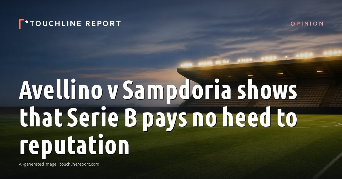 Illustration for the Opinion article “Avellino v Sampdoria shows that Serie B pays no heed to reputation”: an AI-generated editorial illustration showing an empty training ground at dawn with cones and markers laid out, with the headline set over it. Illustrative only, not a photograph of a real event.
