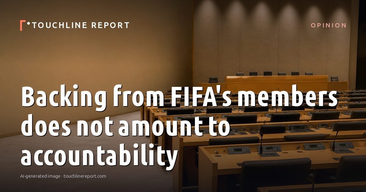 Illustration for the Opinion article “Backing from FIFA's members does not amount to accountability”: an AI-generated editorial illustration showing an empty training ground at dawn with cones and markers laid out, with the headline set over it. Illustrative only, not a photograph of a real event.