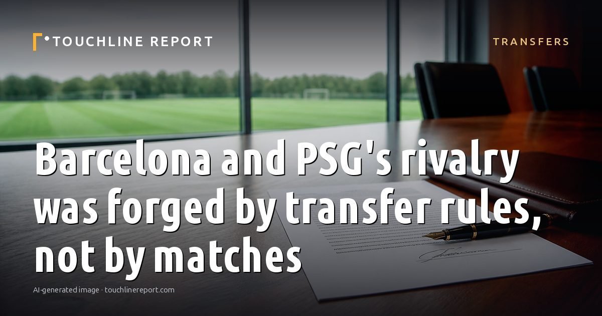 Illustration for the Transfers article “Barcelona and PSG's rivalry was forged by transfer rules, not by matches”: an AI-generated editorial illustration showing a scene illustrating the subject of the article, with the headline set over it. Illustrative only, not a photograph of a real event.