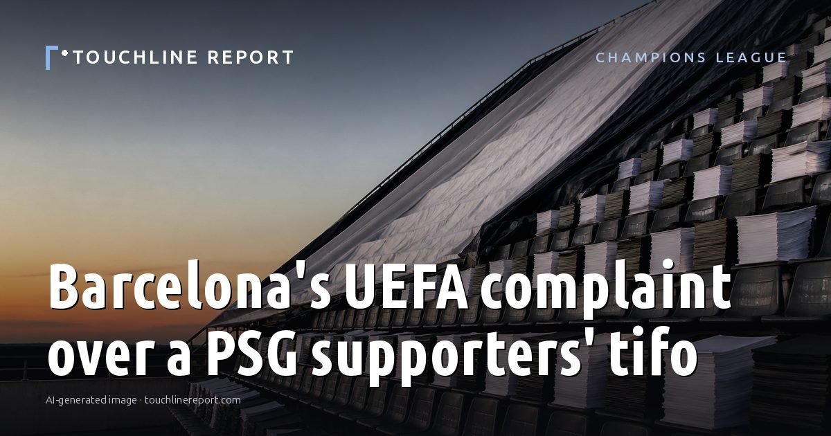 Illustration for the Champions League article “Barcelona's UEFA complaint over a PSG supporters' tifo”: an AI-generated editorial illustration showing a scene illustrating the subject of the article, with the headline set over it. Illustrative only, not a photograph of a real event.