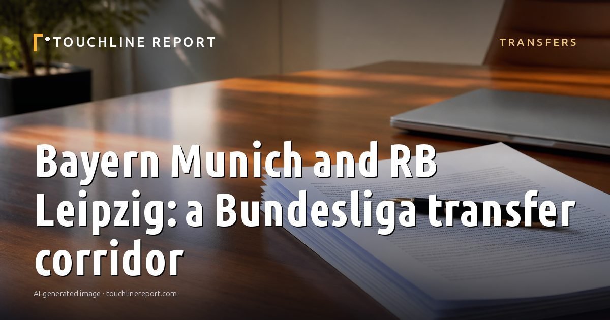 Illustration for the Transfers article “Bayern Munich and RB Leipzig: a Bundesliga transfer corridor”: an AI-generated editorial illustration showing an empty training ground at dawn with cones and markers laid out, with the headline set over it. Illustrative only, not a photograph of a real event.