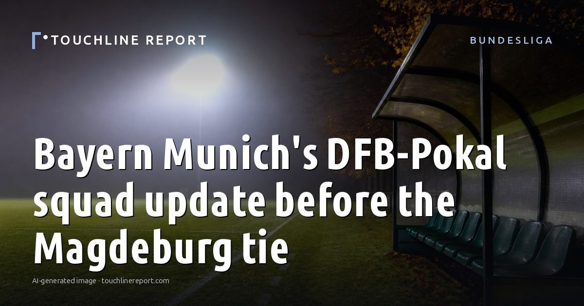 Illustration for the Bundesliga article “Bayern Munich's DFB-Pokal squad update before the Magdeburg tie”: an AI-generated editorial illustration showing an empty training ground at dawn with cones and markers laid out, with the headline set over it. Illustrative only, not a photograph of a real event.