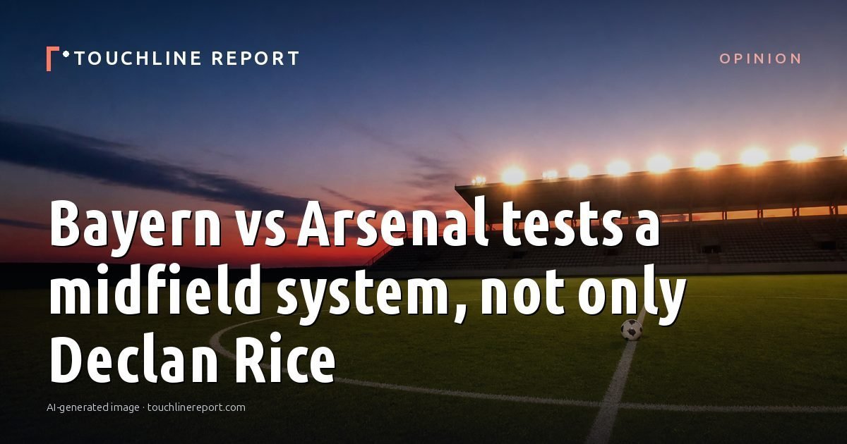 Illustration for the Opinion article “Bayern vs Arsenal tests a midfield system, not only Declan Rice”: an AI-generated editorial illustration showing an empty training ground at dawn with cones and markers laid out, with the headline set over it. Illustrative only, not a photograph of a real event.